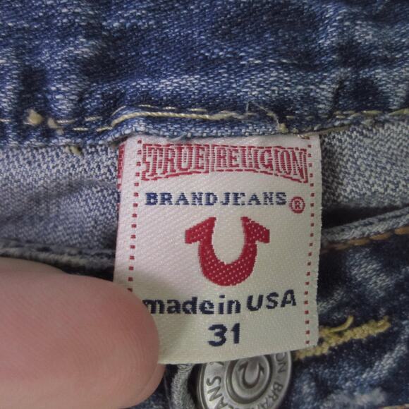 True Religion Jeans Mens 31 Blue Joey Distressed Flare Bootcut Made in USA - Picture 2 of 12